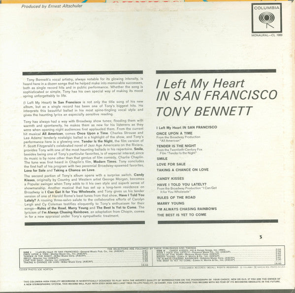 Tony Bennett : I Left My Heart In San Francisco (LP, Album, Mono, 2-E)